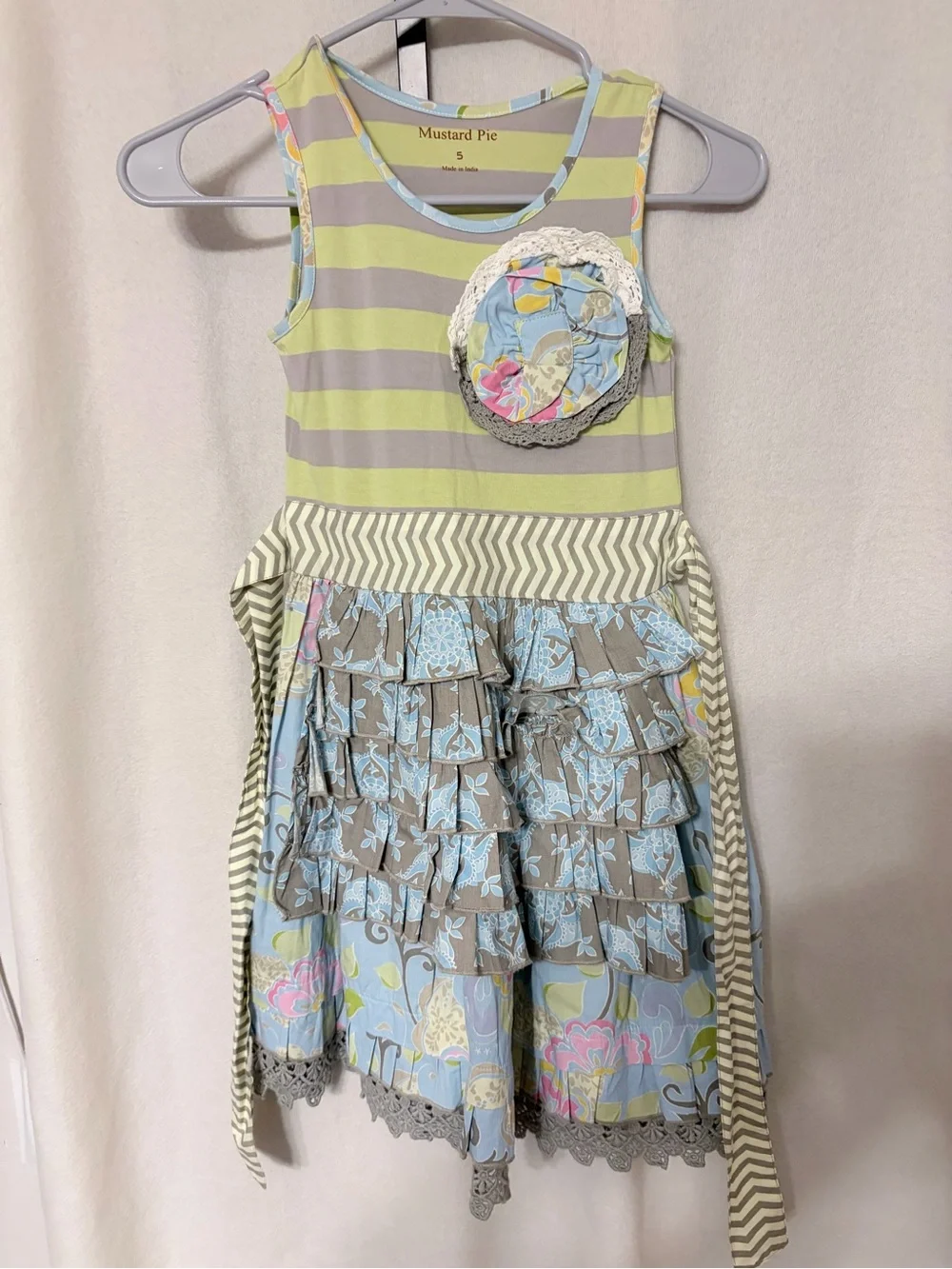 Mustard Pie Light Green and Blue Striped Ruffle Dress